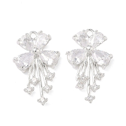 925 Sterling Silver Plated Brass Pave Clear Cubic Zirconia Pendants, Bowknot Charms, 925 Sterling Silver Plated, 25.5x15.5x4mm, Hole: 1.6mm