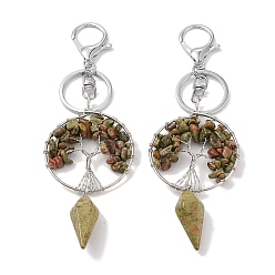 Unakite Natural Unakite Keychain, with Platinum Brass & Iron Findings, Long-Lasting Plated, Lead Free & Cadmium Free, Flat Round with Tree of Life, 15.7cm
