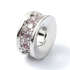 Pink Rack Plating Brass Pave Cubic Zirconia Beads, Long-Lasting Plated, Lead Free & Cadmium Free, Real 18K Gold Plated, Flat Round, Pink, 6x2.7mm, Hole: 2.2mm