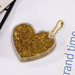 Dark Goldenrod Heart Acrylic Quicksand Keychain, Glitter Chasing Pendant Decorations Sticker Keychain, with Ball Chains, Dark Goldenrod, 65x50mm