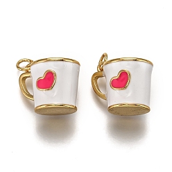 White Brass Pendants, with Enamel and Jump Rings, Cup with Heart Pattern, Real 18K Gold Plated, White, 14.5x17x13mm, Hole: 3mm
