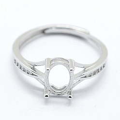 Platinum Rhodium Plated 925 Sterling Silver Finger Ring Components, with Cubic Zirconia, Adjustable, Oval, Platinum, Size 7 (17mm), 2mm wide, Tray: 6x8mm