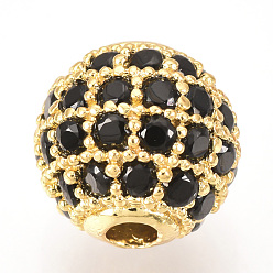 Golden Brass Micro Pave Cubic Zirconia Beads, Round, Black, Golden, 10mm