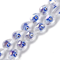 Blue Transparent Evil Eye Glass Beads Strands, with Enamel, Faceted, Teardrop, Blue, 11.5~12x9x9~9.5mm, Hole: 1.2mm, about 35pcs/strand, 15.94''~16.14''(40.5~41cm)
