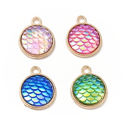 Mixed Color Alloy Resin Pendants, AB Color, Flat Round Charms with Scales Pattern, Golden, Mixed Color, 17x13.7x4mm, Hole: 1.8mm