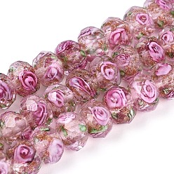 Pink Ручной золотой песок бусины бисер нитей, со цветком внутри , граненые, шайба, розовые, 8x6 мм, отверстие : 1 мм, около 70 шт / нитка, 17.3 дюйм