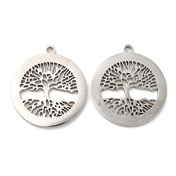 Stainless Steel Color 316L Surgical Stainless Steel Pendants, Laser Cut, Flat Round with Tree of Life Charms, Stainless Steel Color, 20x18x1mm, Hole: 1.4mm
