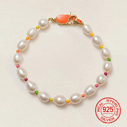 Real 18K Gold Plated Natural Pearl Beaded Bracelets for Women, with Glass Seed Beads and 925 Sterling Silver Findings, Real 18K Gold Plated, 7.09 inch(18cm)