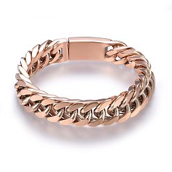 Rose Gold 304 Stainless Steel Curb Chains Bracelets, with Box Clasps, Faceted, Rose Gold, 9-1/2 inch(24cm)