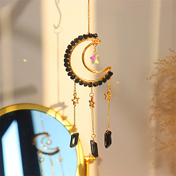 Black Moon Quartz Crystal Dyed Hanging Suncatcher Pendant Decoration, Crystal Ball Prism Pendants, with Brass & Iron Findings, Black, 300mm