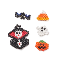 Mixed Color 5Pcs 5 Style Handmade Loom Pattern MIYUKI Seed Beads, Witch & Bat & Ghost & Pumpkin Pendants, for Halloween, Mixed Color, 11~25x12~20x1.8mm, Hole: 0.7mm, 1Pc/style