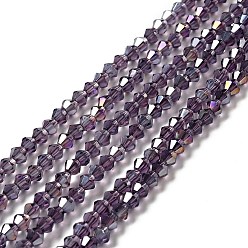 Purple Transparent Electroplate Glass Beads Strands, AB Color Plated, Faceted Bicone, Purple, 4.5x4mm, Hole: 0.7mm, about 88~92pcs/strand, 13.50~14.06 inch(34.3~35.7cm)