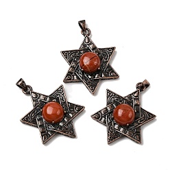 Красный Камень Подвески из натуральной красной яшмы в форме звезды Давида, с винтажной латунной рамкой красного медного оттенка, 33.5~34x25.5x7.5 мм, отверстие : 5x3 мм
