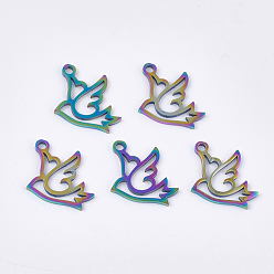 Rainbow Color Ion Plating(IP) 201 Stainless Steel Pendants, Pigeon, Rainbow Color, 17.5x13x1mm, Hole: 1.5mm