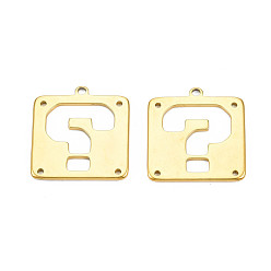 Real 18K Gold Plated Ion Plating(IP) 201 Stainless Steel Chandelier Component Links, Laser Cut, Square with Question Mark, Real 18K Gold Plated, 25x23.5x1.5mm, Hole: 1.2mm & 2mm