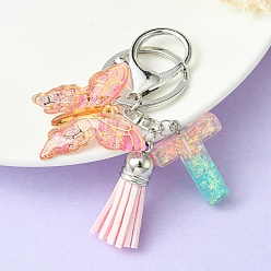 Letter T Resin & Acrylic Keychains, with Alloy Split Key Rings and Faux Suede Tassel Pendants, Letter & Butterfly, Letter T, 8.6cm