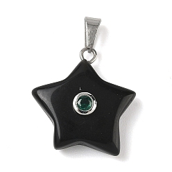 Обсидиан Природные подвески обсидиана, подвески-звезды с 201 микрофиброй из нержавеющей стали и кубическими циркониями, цвет нержавеющей стали, 21.5x20x6.5 мм, отверстие : 6x3 мм