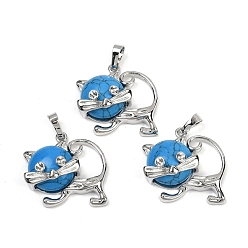 Синтетическая Бирюза Кулоны с котенком из синтетической бирюзы, милые латунные подвески в форме кошки, платина, долговечный, стойки покрытие, 28.5x30.5x10 мм, отверстие : 8x5 мм