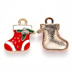Red Alloy Enamel Pendants, with Crystal Rhinestone, for Christmas, Christmas Sock, Light Gold, Red, 18x17x3mm, Hole: 2mm