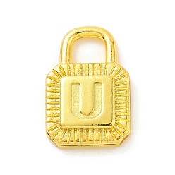 Letter U Eco-friendly Rack Plating Brass Pendants, Cadmium Free & Lead Free, Long-Lasting Plated, Lock with Alphabet, Real 18K Gold Plated, Letter.U, 15x10x3mm, Hole: 3.5x4mm