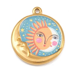 Cielo Azul 304 colgantes de acero inoxidable, redondo plano con dijes de sol y luna, revestimiento de iones (ip), real 18 k chapado en oro, el cielo azul, 23.5x20.5x3 mm, agujero: 1.5 mm