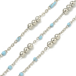 Светло-Голубой Цепочка из латунных эмалевых круглых бусин, пайки, с катушкой, долговечный, без кадмия и без свинца, платина, Небесно-голубой, 12x3.5 мм