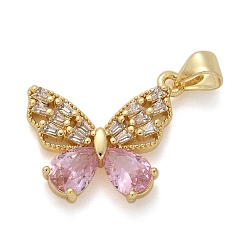 Pink Латунь стекло кулоны, бабочка, стойки покрытие, долговечный, без свинца и без кадмия, реальный 18 k позолоченный, граненые, розовые, 17x20x4 мм, отверстие : 4.5x3.5 мм