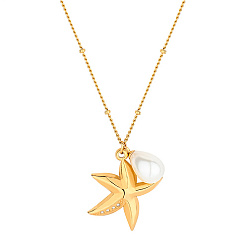 Starfish Golden Stainless Steel Pendant Necklace, with Imitation Pearl, Starfish, 23.62 inch(60cm)