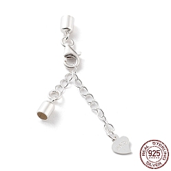 Silver 925 Sterling Silver Curb Chain Extender, End Chains with Lobster Claw Clasps and Cord Ends, Heart Chain Tabs, with S925 Stamp, Silver, 28mm