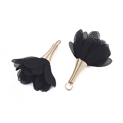 Black Iron Pendants, with Chiffon, Flower, Golden, Black, 30~35x20~30mm, Hole: 1~4mm