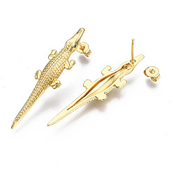 Real 16K Gold Plated Crocodile Brass Micro Pave Clear Cubic Zirconia Stud Earrings, Long-Lasting Plated, Cadmium Free & Nickel Free & Lead Free, Real 16K Gold Plated, 43x10.5mm, Pin: 0.7mm