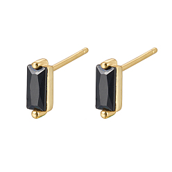 Black Cubic Zirconia Rectangle Stud Earrings, Golden 925 Sterling Silver Post Earrings, with 925 Stamp, Black, 7.8x3mm