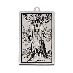 Stainless Steel Color Stainless Steel Pendants, Rectangle with Tarot Pattern, Stainless Steel Color, The Tower XVI, 40x24mm