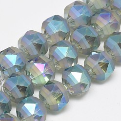 Light Sky Blue Electroplate Glass Beads Strands, Rainbow Plated, Frosted, Faceted, Round, Light Sky Blue, 7~8x7mm, Hole: 1.5mm, about 72pcs/strand, 19.68 inch