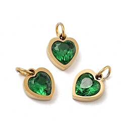 Green Vacuum Plating 304 Stainless Steel Pendants, with Cubic Zirconia and Jump Rings, Single Stone Charms, Heart, Golden, Green, 9x8x3mm, Hole: 3.6mm