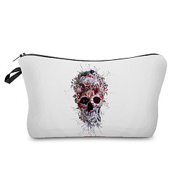 White Halloween Skull Pattern Polyester Waterpoof Makeup Storage Bag, Multi-functional Travel Toilet Bag, Clutch Bag with Zipper for Women, White, 22x18x13.5cm