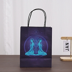 Gemini Luminous 12 Zodiac Signs Kraft Paper Bags, with Handles, Gift Bags, Black, Gemini, 11.1x6.4x14.3cm