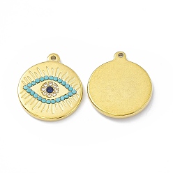 Deep Sky Blue Ion Plating(IP) Golden 304 Stainless Steel Pendants, with Cubic Zirconia, Flat Round with Evil Eye Charm, Deep Sky Blue, 21.5x18x2mm, Hole: 1.2mm