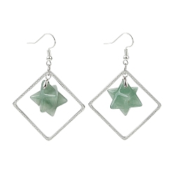 Зеленый Авантюрин Латунные серьги-подвески в форме ромба, с естественной зеленый авантюрин, долговечный, платина, 60x40 мм