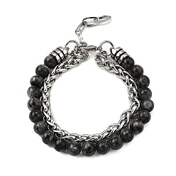 Лабрадорита Многорядные браслеты из круглых бусин натурального лабрадорита, браслеты из нержавеющей стали с кубинскими звеньями для мужчин и женщин, 8-5/8 дюйм (22 см) ~ 9 дюйм (22.8 см)