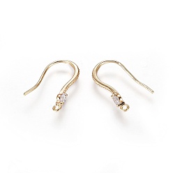 Real 18K Gold Plated Brass Earring Hooks, with Cubic Zirconia and Horizontal Loop, Clear, Real 18K Gold Plated, 15.5x2.5mm, Hole: 0.8mm, 20 Gauge, Pin: 0.8mm