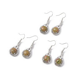 Унакит Серьги-капли из натурального унакита с кристаллами и стразами, платиновые латунные украшения для женщин, 42 мм, штифты : 0.6 мм