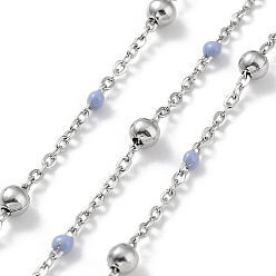 Light Steel Blue 304 Stainless Steel Cable Chain, with Enamel, Soldered, Light Steel Blue, Beads: 3.5~3.6x3.5mm, Link: 5x2x2mm and 2x1.5x0.3mm