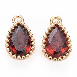 Orange Red Brass Inlaid Cubic Zirconia Charms, Nickel Free, Long-Lasting Plated, Real 18K Gold Plated, Teardrop, Orange Red, 8x5x2mm, Hole: 0.8mm