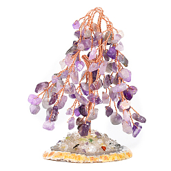 Amethyst Natural Amethyst Display Decoration, with Brass Wire, Agate Slice Base, for Home Desk Decorations, Tree of Life, 50~70x100mm