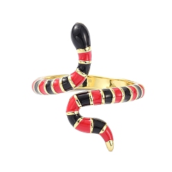 Black Snake Real 18K Gold Plated Cuff Rings for Women, Brass Enamel Open Rings
, Black, US Size 6 1/2(16.9mm)