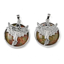 Унакит Плоские круглые подвески из натурального унакита, латунные драконьи драгоценные камни амулеты, платина, стойки покрытие, без кадмия и без свинца, 31.5x27x7.5~8.5 мм, отверстие : 8x5 мм