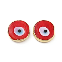 Red Rack Plating Handmade Evil Eye Lampwork Beads, with Brass Findings, Long-Lasting Plated, Flat Round, Red, 17.5~18x4.5~5mm, Hole: 1~1.2mm
