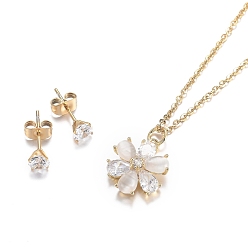 Golden 304 Stainless Steel Rhinestone Jewelry Sets, Flower Pendant Necklaces and Stud Earrings, with Cat Eye, Cable Chains, Lobster Claw Clasps and Ear Nuts, Crystal, Golden, 18.11 inch(46cm), 15x5.5mm, Pin: 0.7mm