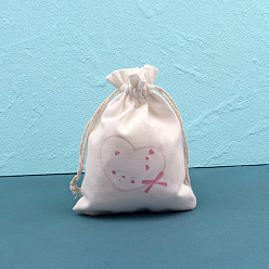 Heart Printed Cotton Cloth Storage Pouches, Rectangle Drawstring Bags, for Candy Gift Bags, White, Heart, 14x10cm